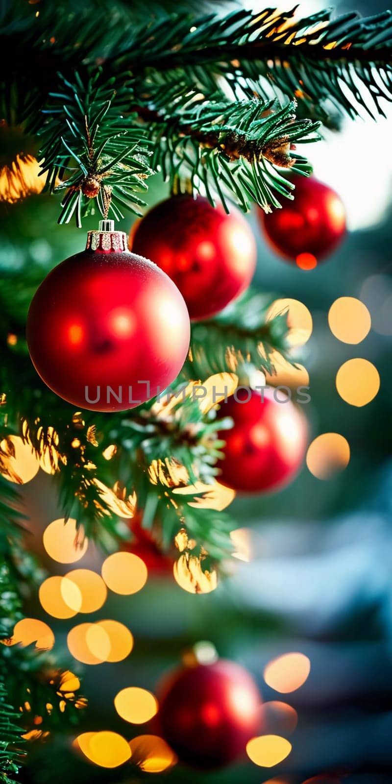 Sparkling ornament balls in vibrant red and gold hang from a lush spruce tree branch. Soft, warm lights twinkle enhancing festive spirit of Christmas. Happy New Year. Anamorphic bokeh. Generative AI.