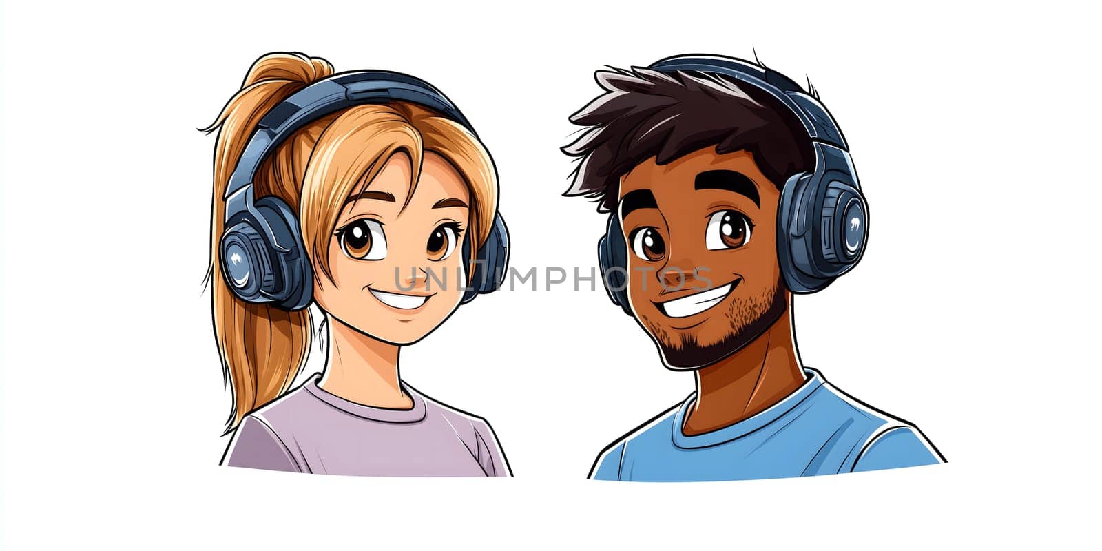 A blonde caucasian girl with ponytail and african boy with dark hair and beard wearing a headset. Diversity and inclusion concept. - AI generated image