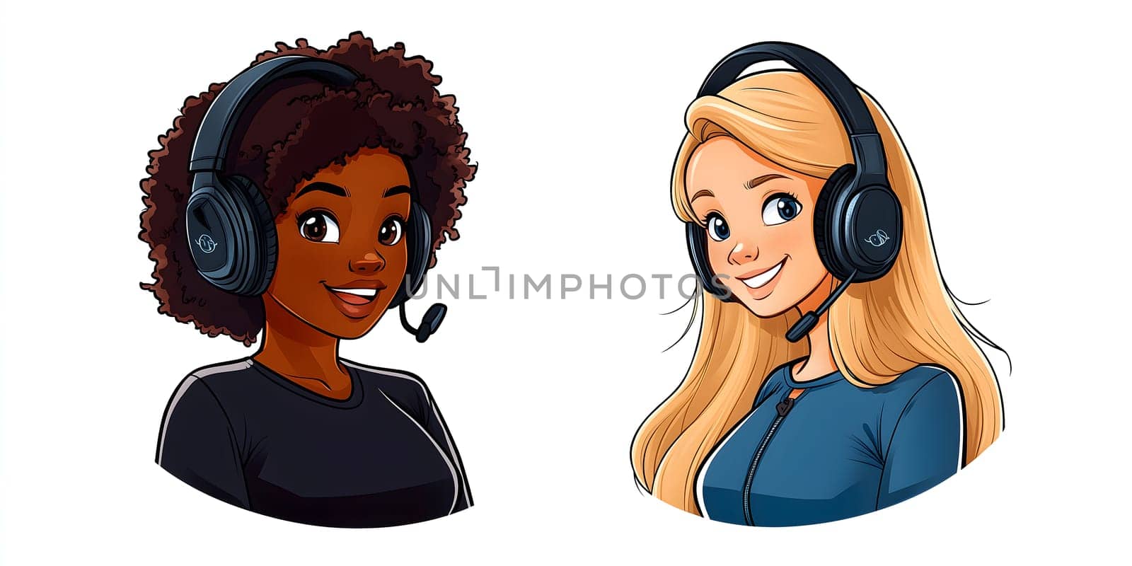 An black afro american girl and blonde caucasian girl wearing a headset. Diversity and inclusion concept. - AI generated image