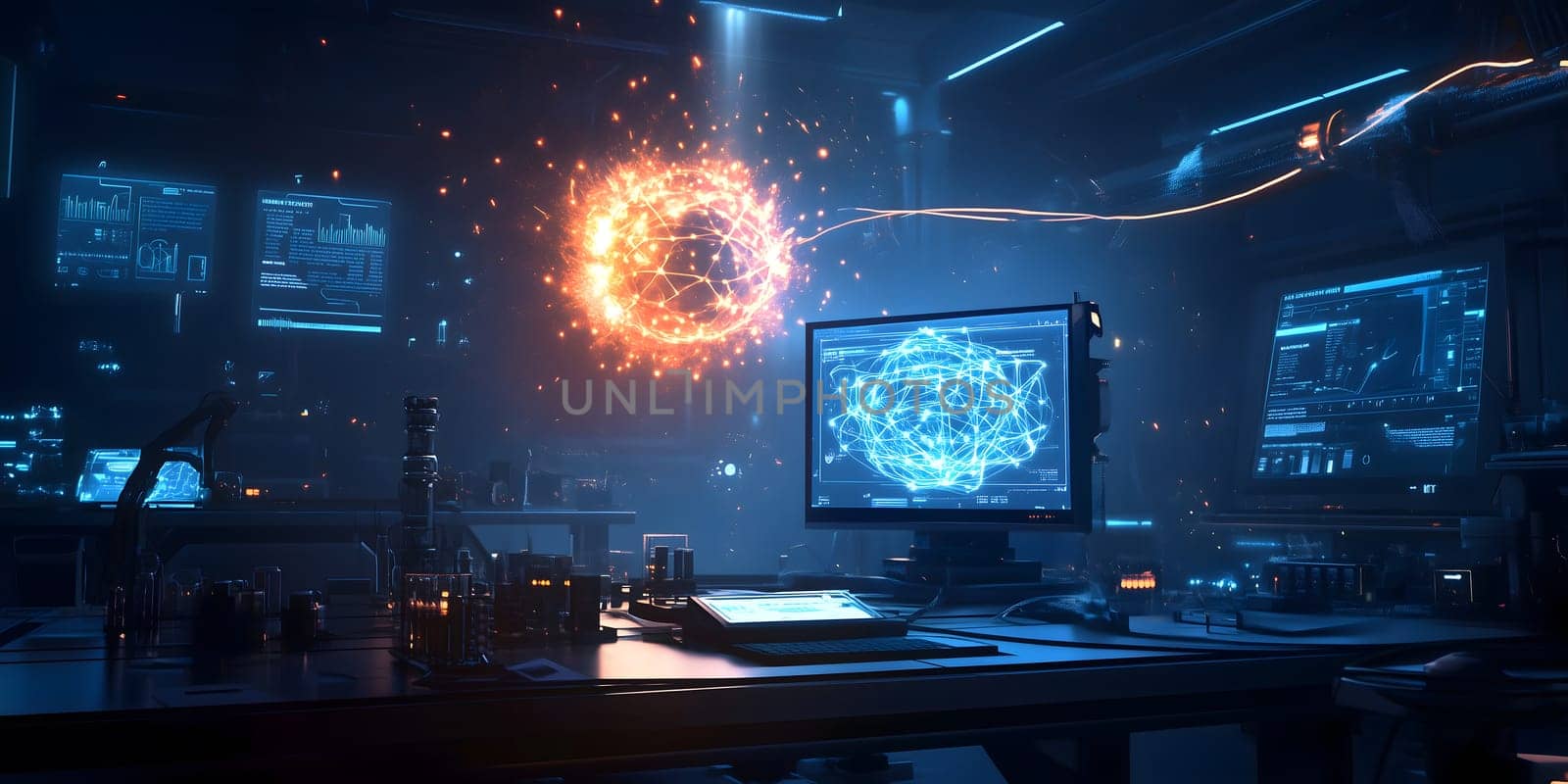high-tech, futuristic quantum computing laboratory with holographic data displays and digital visualizations of complex energy interactions. blue and orange color grading. AI generated image