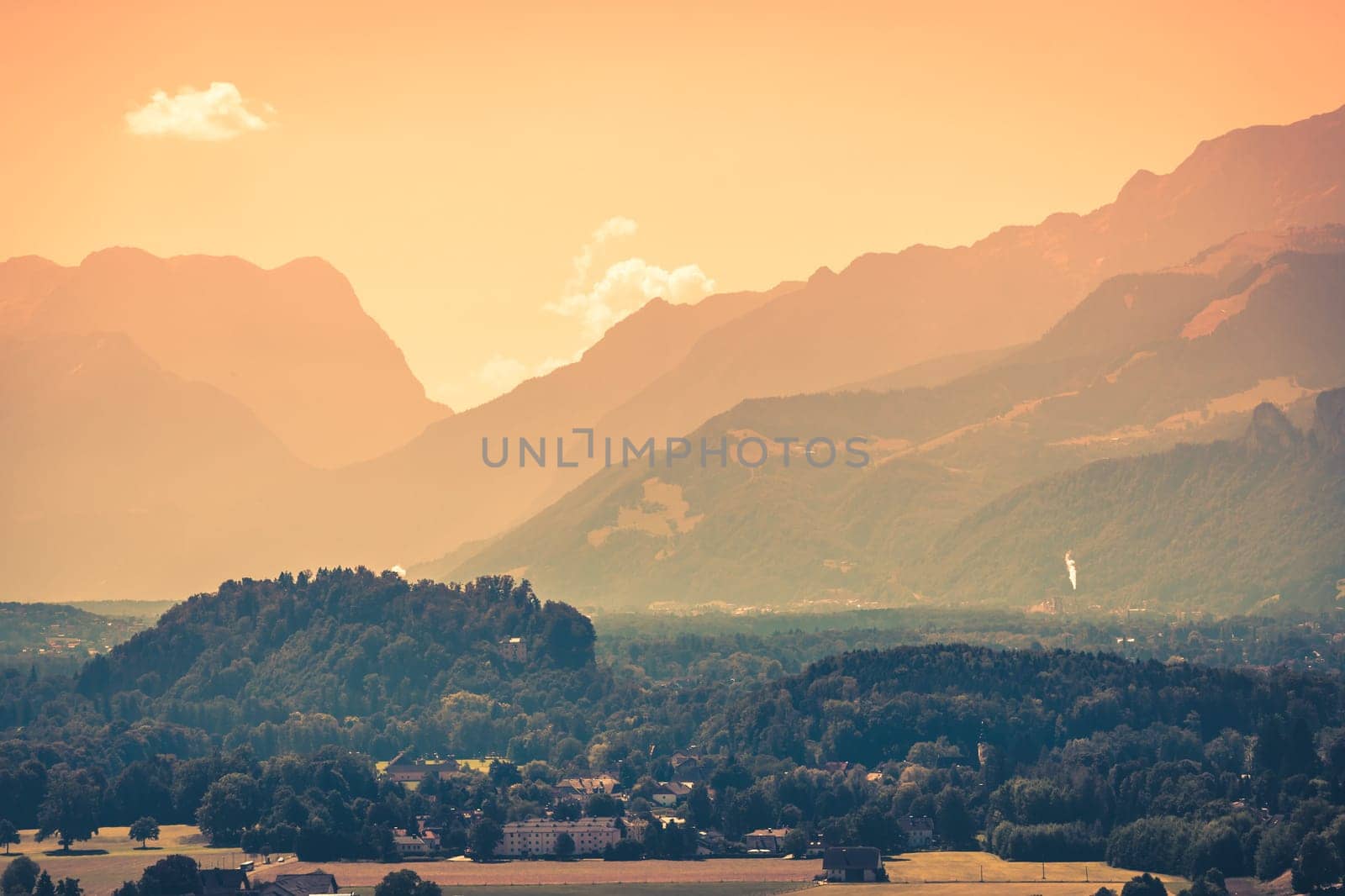 View of Austrian Alps near Salzburg. Mountains landscape. Filtered image