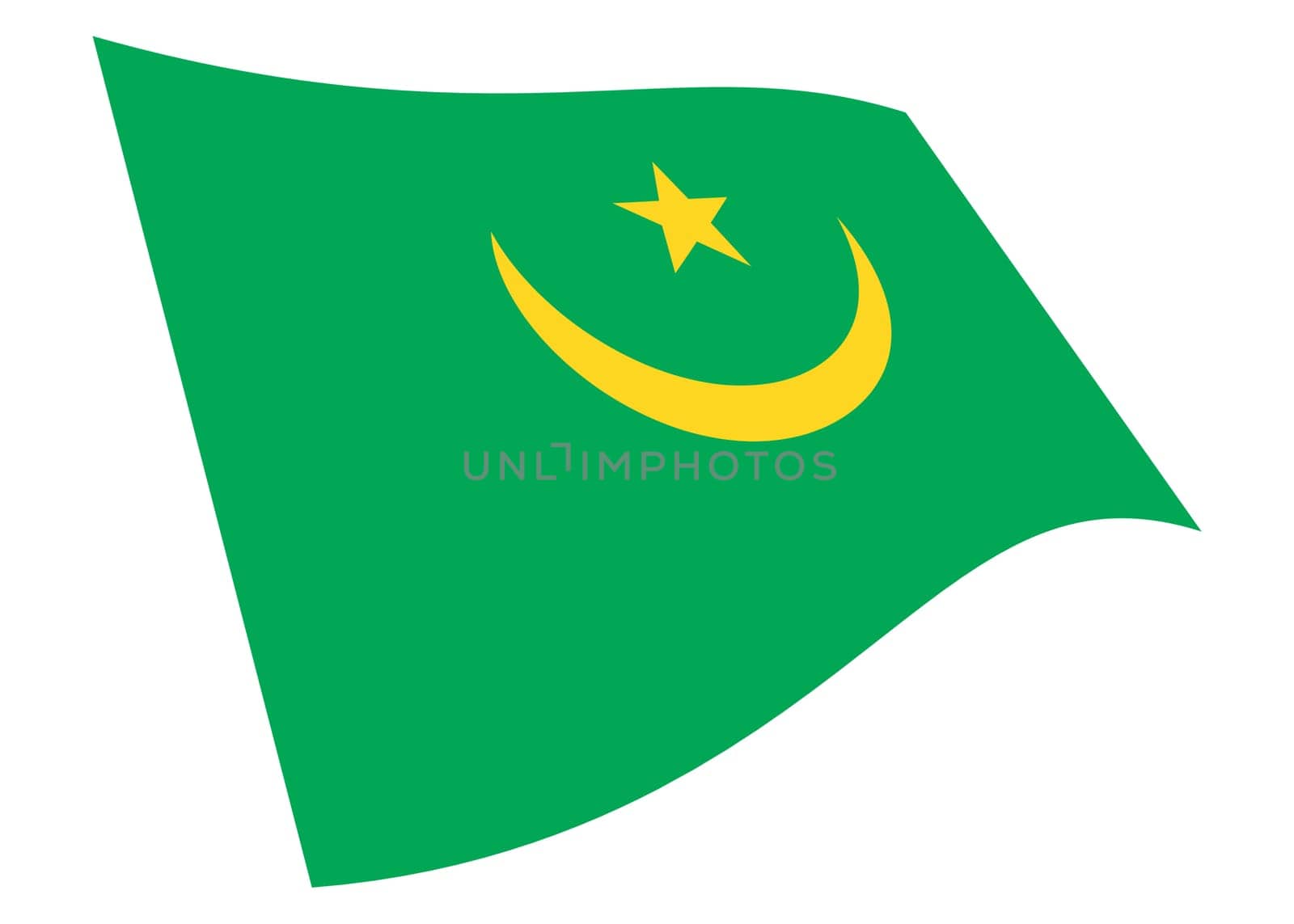 A Mauritania waving flag 3d illustration isolated on white with clipping path green yellow star crescent moon