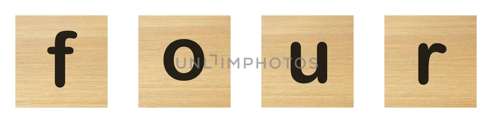 A four word with wood blocks on white