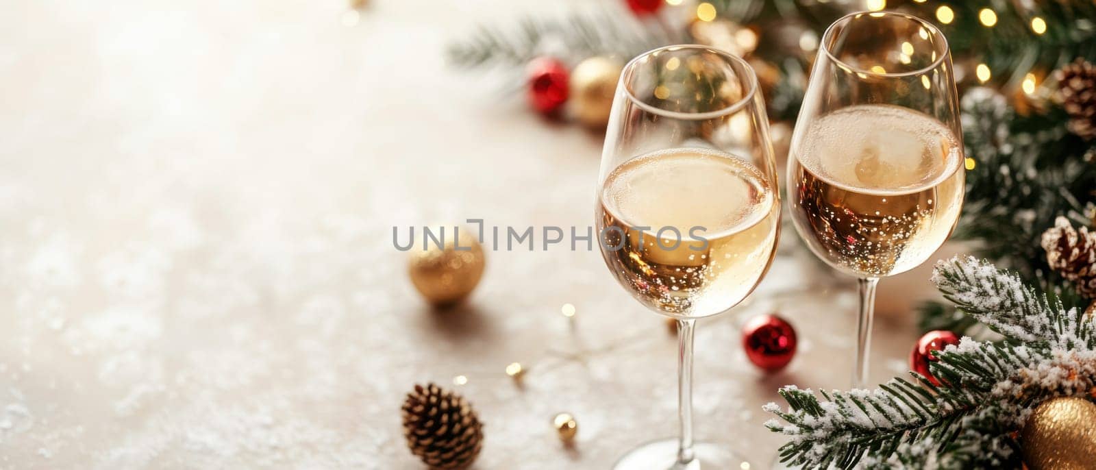 Two glasses of sparkling wine sit on a decorated table surrounded by pine branches and holiday ornaments creating a festive atmosphere.