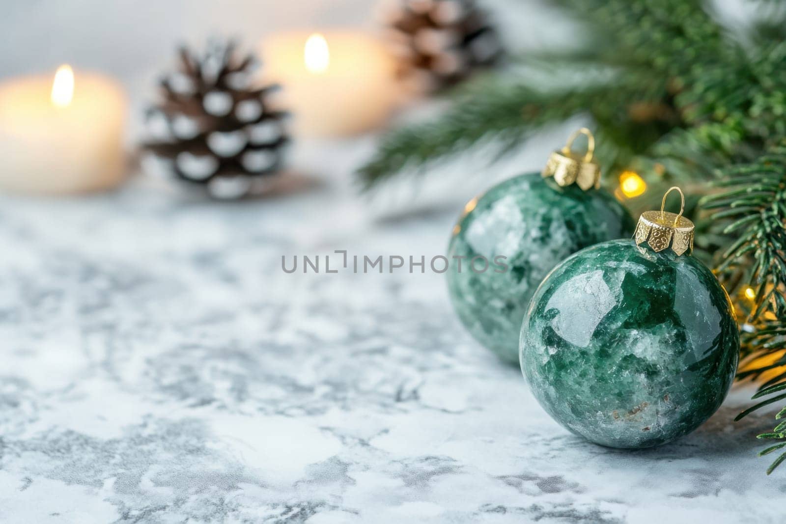 Two green decorative ornaments sit beside pinecones and lit candles creating a warm festive atmosphere during the holiday season.