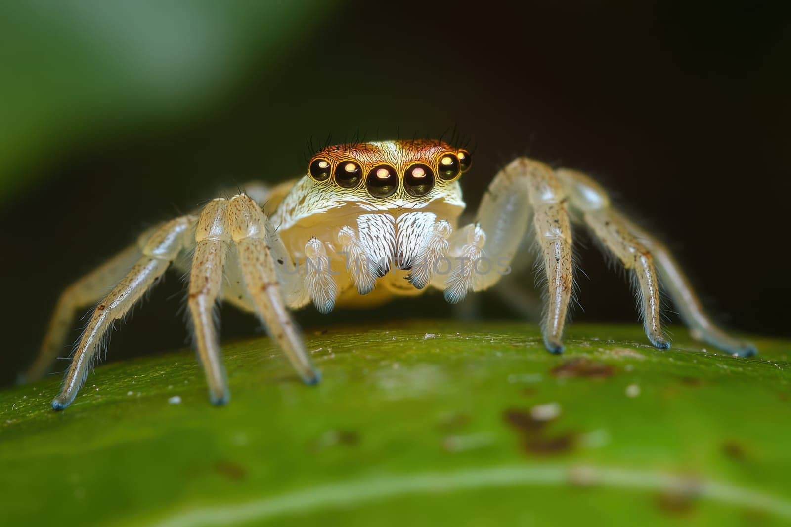 A small spider with prominent eyes is perched on a vibrant green leaf surrounded by lush foliage under the sunlight.