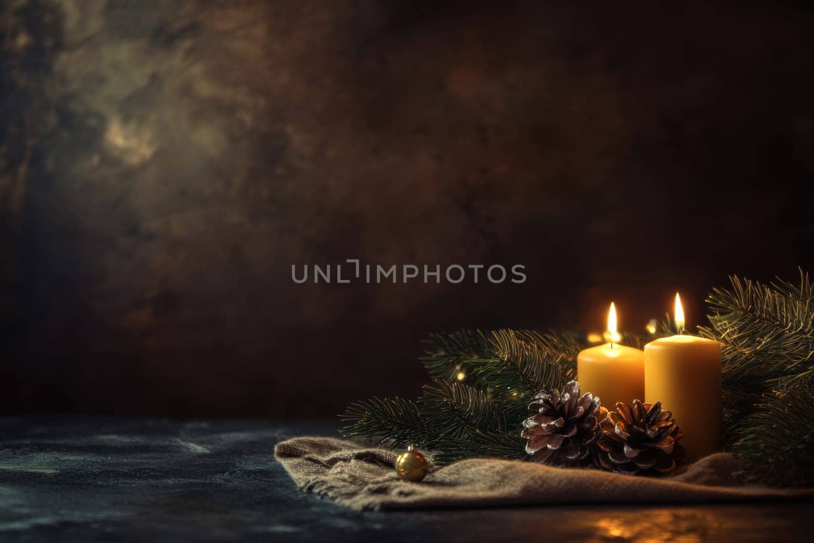 Two lit candles sit among pinecones and greenery creating a warm festive atmosphere perfect for the holiday season.