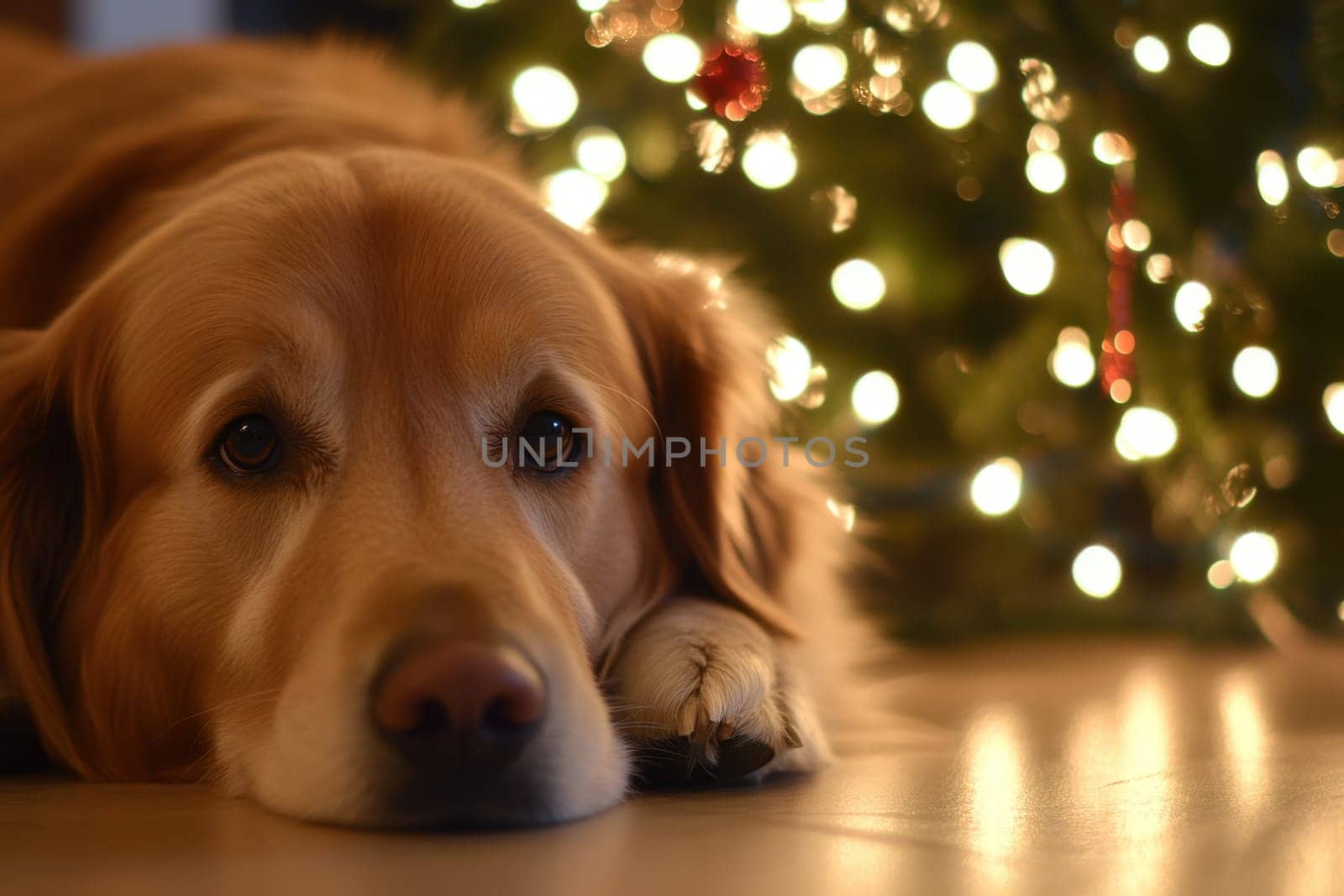 A golden retriever lies comfortably on the floor gazing at a festive Christmas tree adorned with twinkling lights and decorations.