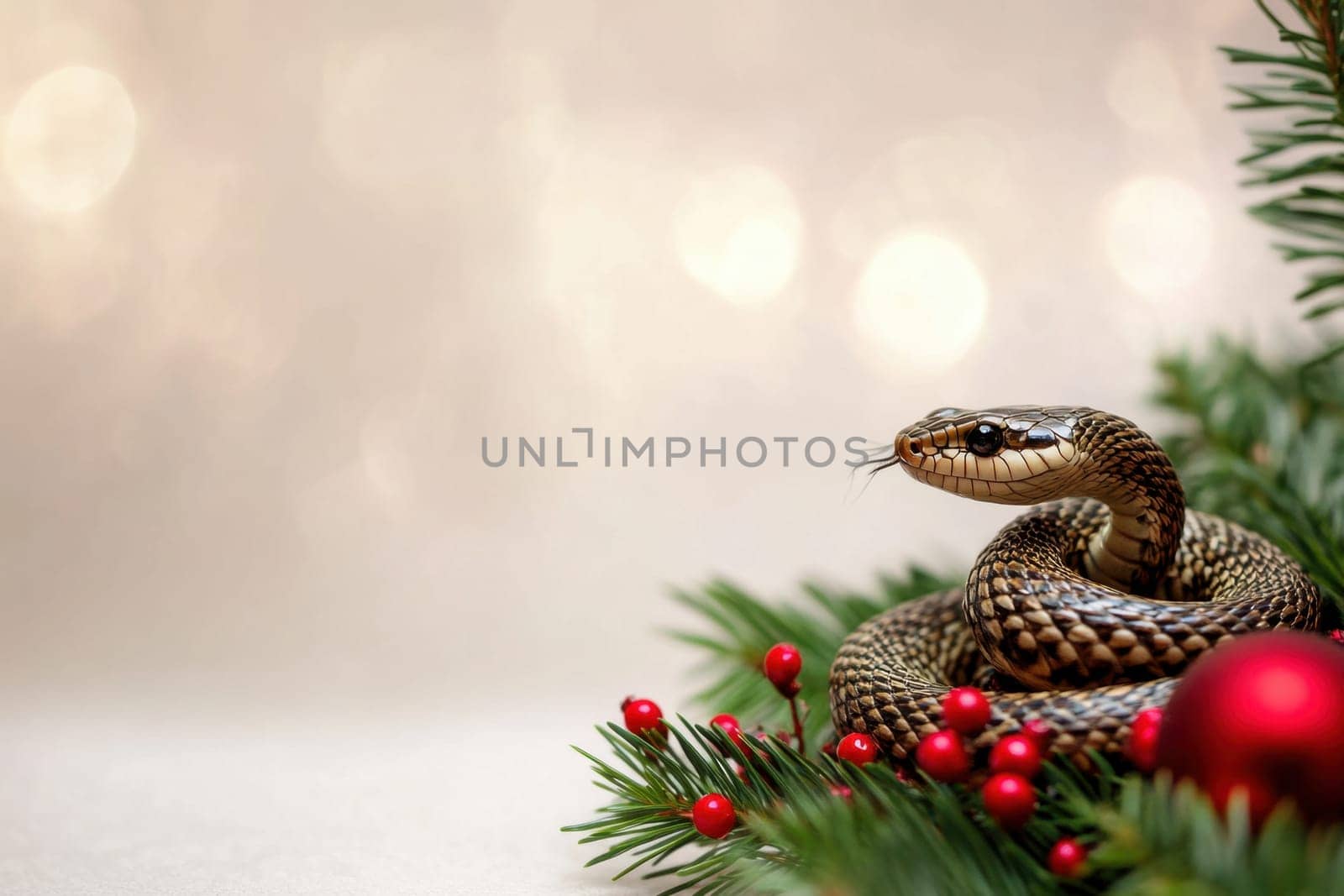 A snake is coiled among pine branches and red ornaments presenting a unique holiday visual in a seasonal setting.
