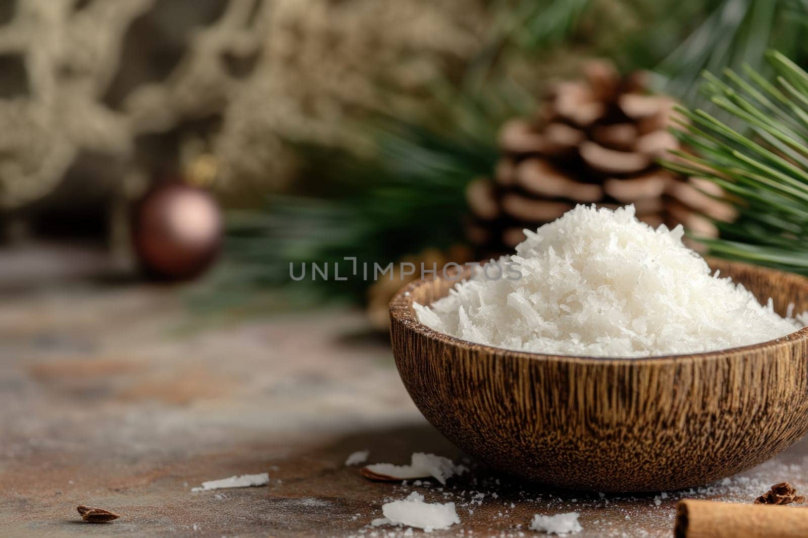 A rustic wooden bowl filled with coconut flakes surrounded by pine cones and festive decorations capturing a cozy holiday atmosphere.