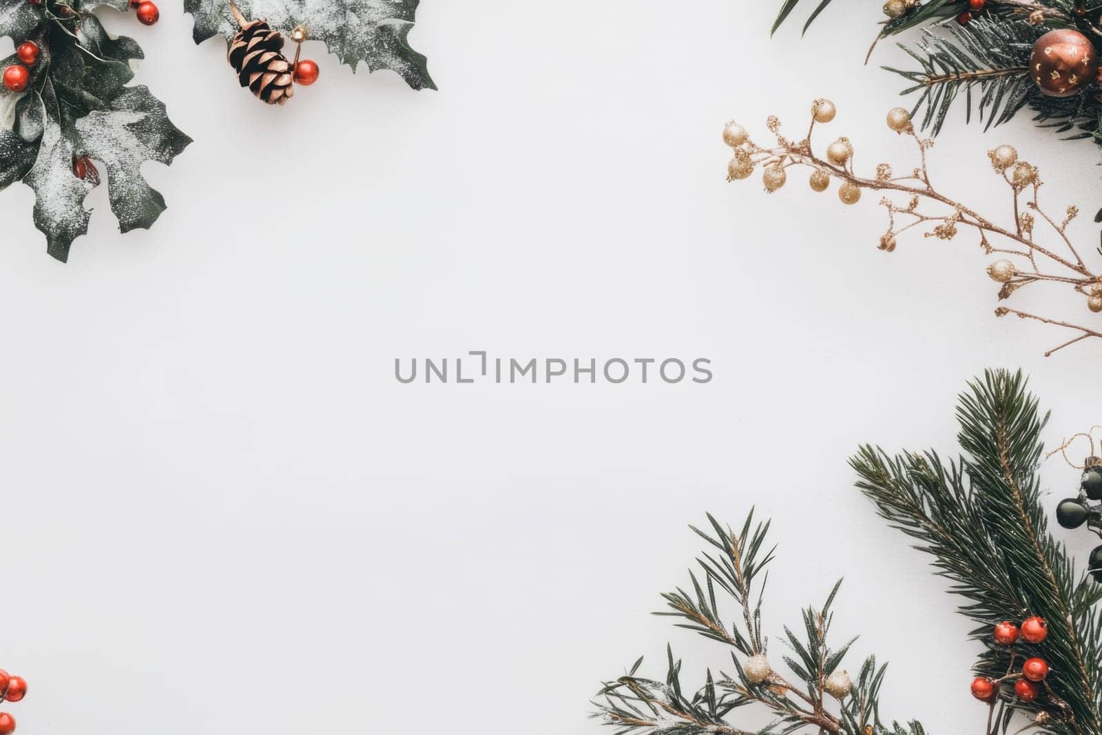 Festive arrangement of winter foliage including holly pinecones and berries set against a clean white background for seasonal decor.