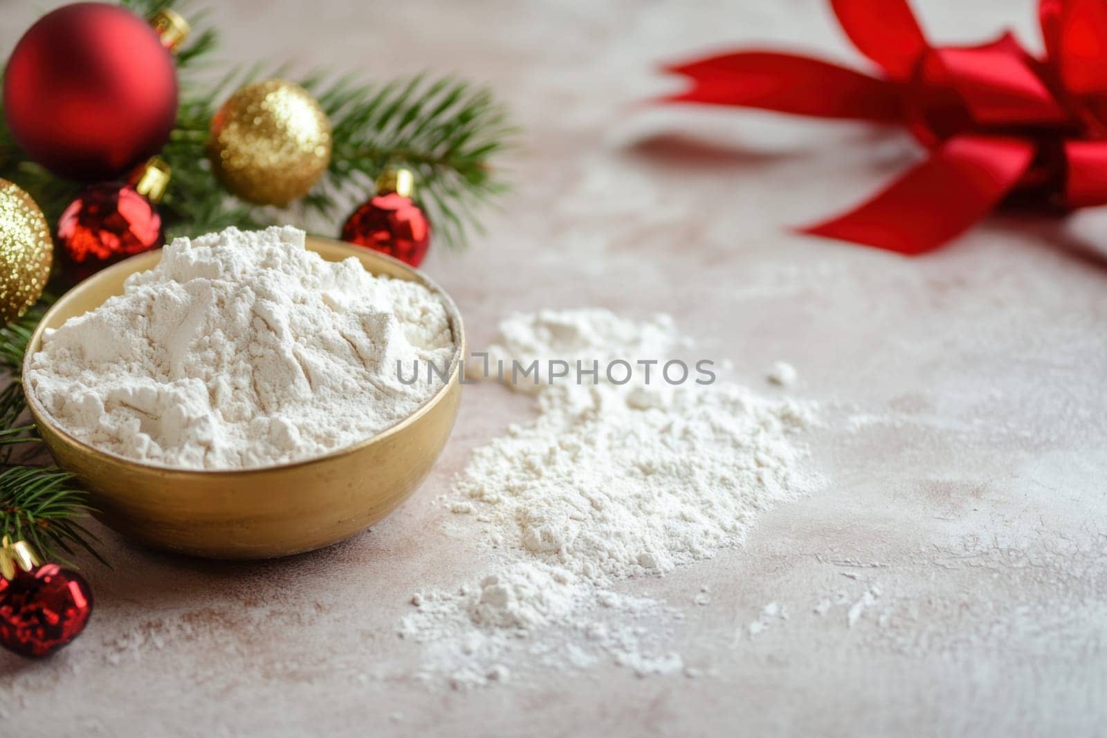 A bowl of baking flour sits beside festive Christmas decorations including ornaments and ribbons creating a cozy holiday atmosphere.