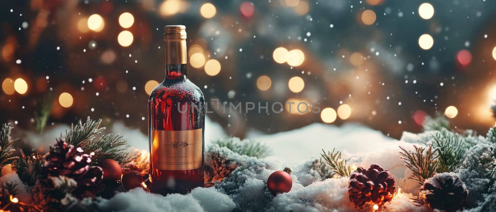 A bottle of red wine is surrounded by snow pine branches and holiday decorations creating a cozy winter atmosphere during the festivities.