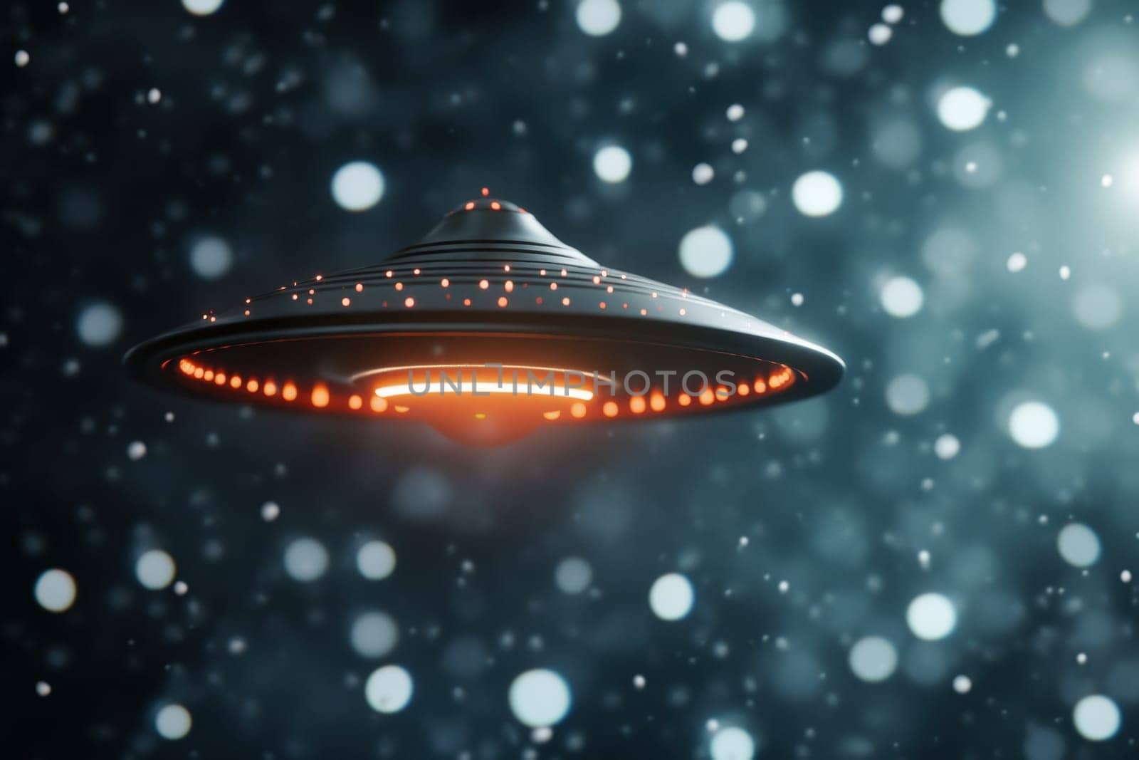 A UFO with bright lights is floating in a snowy environment illuminating the surroundings under a starry night sky.