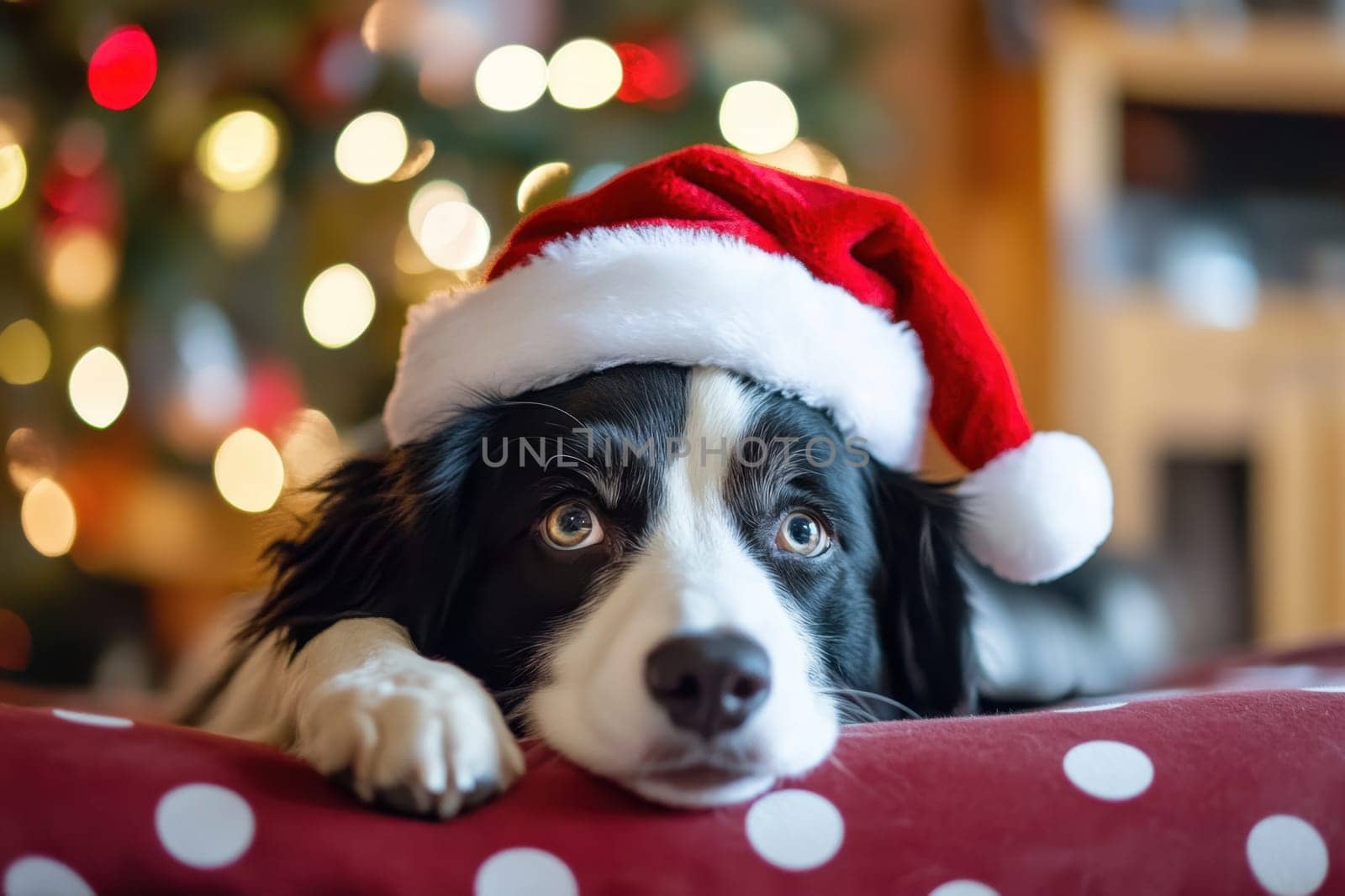 A border collie is calmly resting with a festive red hat surrounded by a cozy holiday atmosphere and twinkling lights.