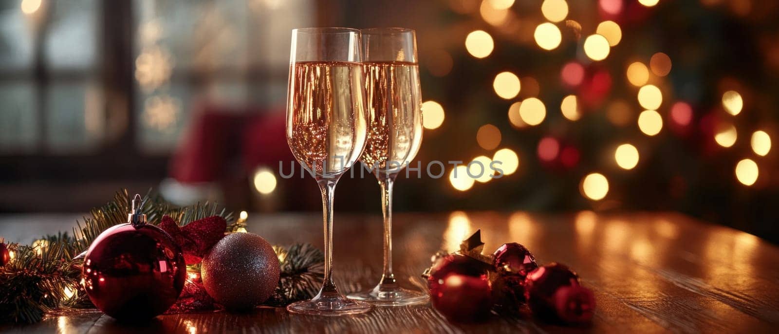 Two glasses of champagne sit elegantly on a table decorated for the holidays with a festive Christmas tree in the background.