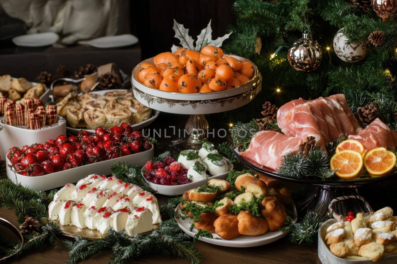 A beautifully arranged holiday table showcases a variety of treats including fruits meats pastries and desserts all exuberantly decorated.