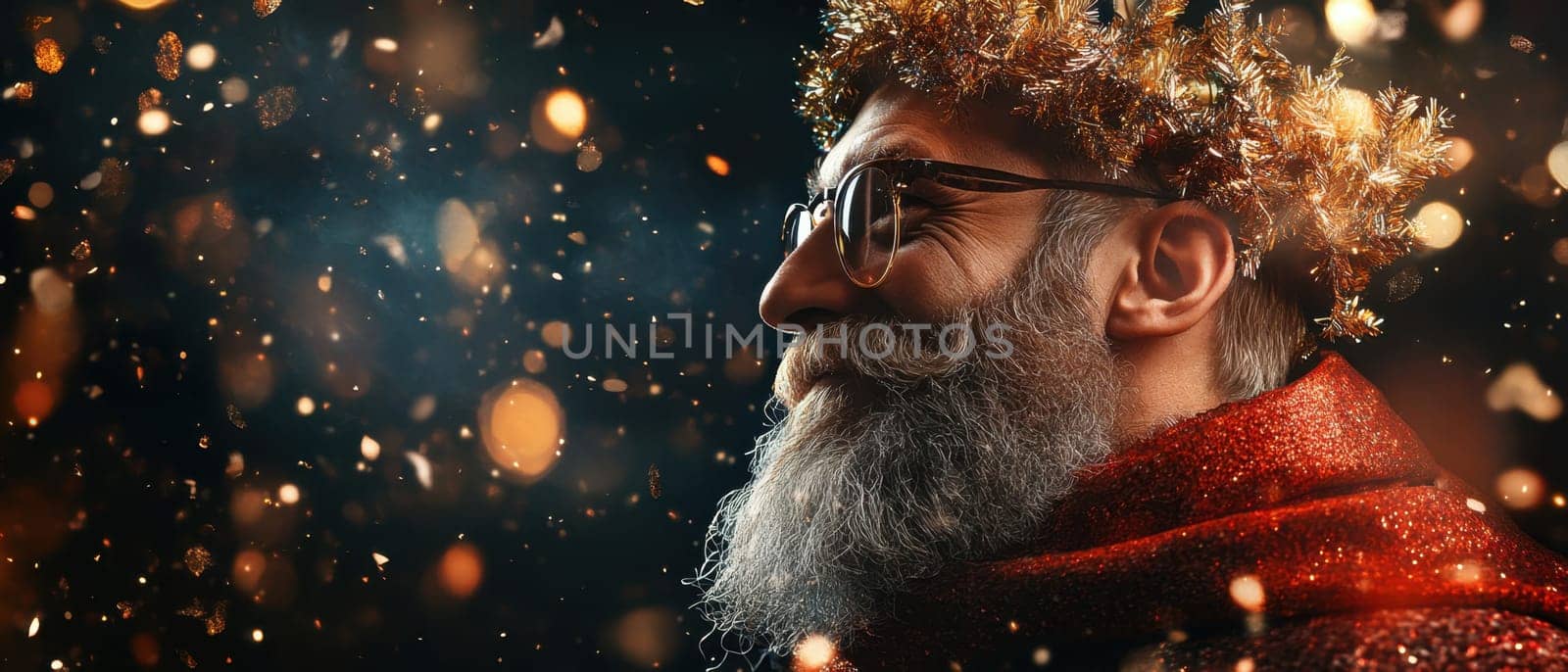A joyful older man with glasses wears a sparkling crown and festive attire celebrating the spirit of Christmas amidst floating glitter.