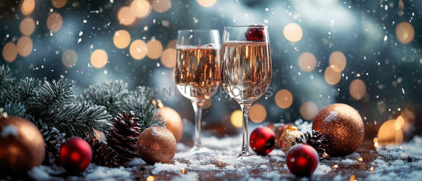 Two glasses filled with sparkling beverage sit among festive ornaments and snow creating a cozy holiday atmosphere.