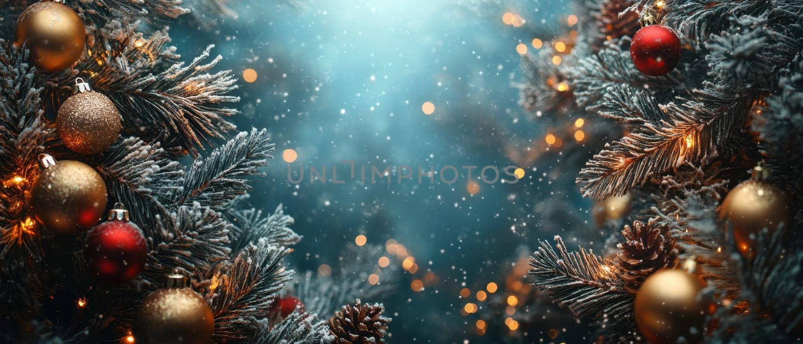 Snowflakes gently fall among beautifully decorated Christmas trees adorned with colorful ornaments and twinkling lights.