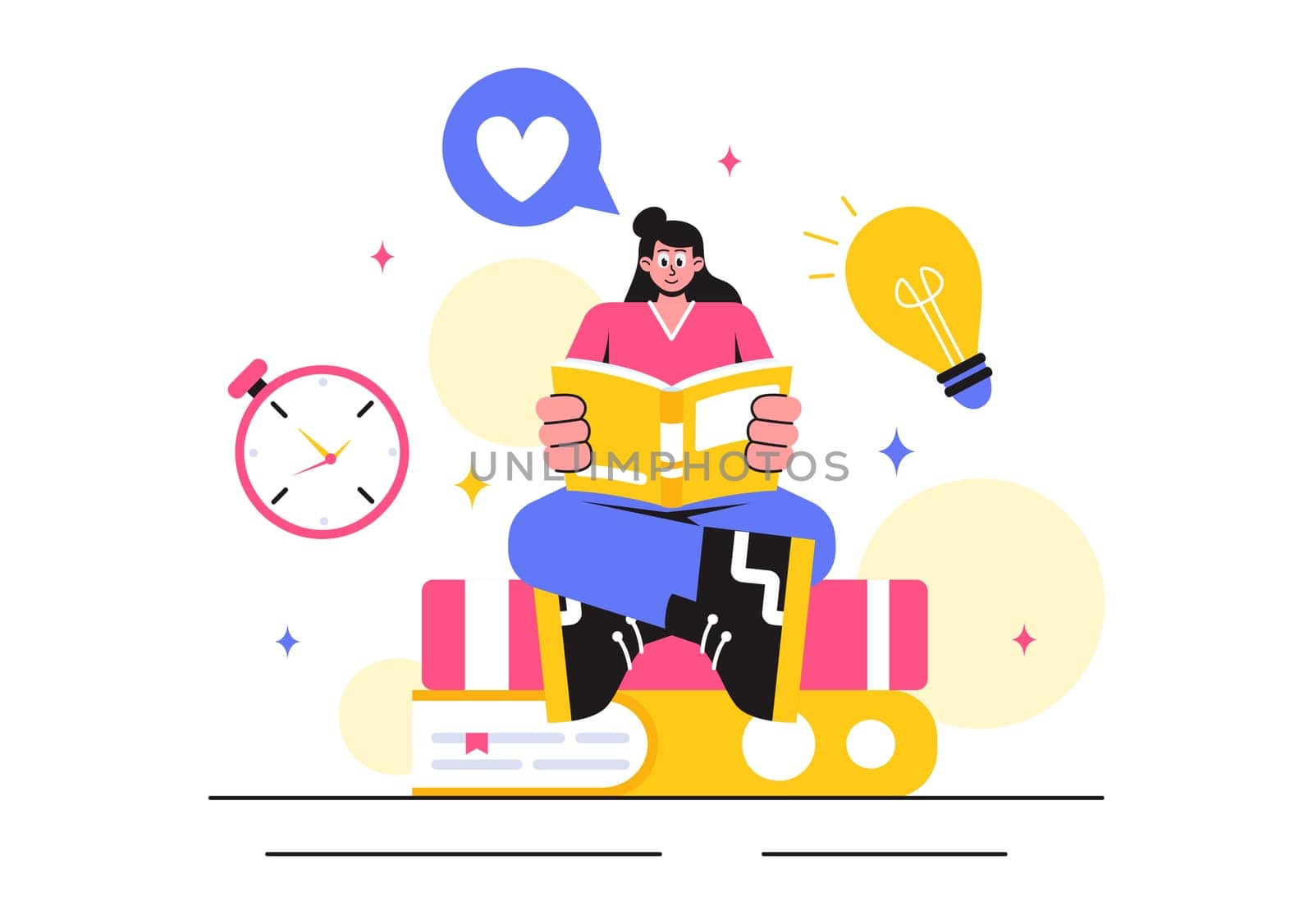Education and Knowledge Books Vector Illustration featuring People Studying and School Items for Learning in a Flat Style Cartoon Background