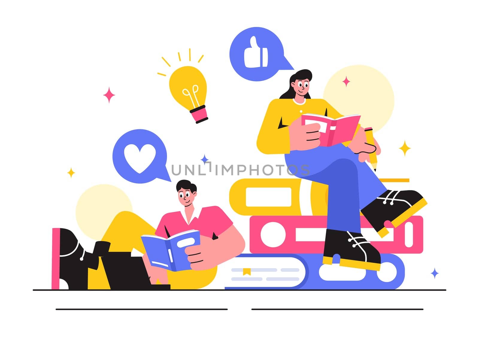Education and Knowledge Books Vector Illustration featuring People Studying and School Items for Learning in a Flat Style Cartoon Background