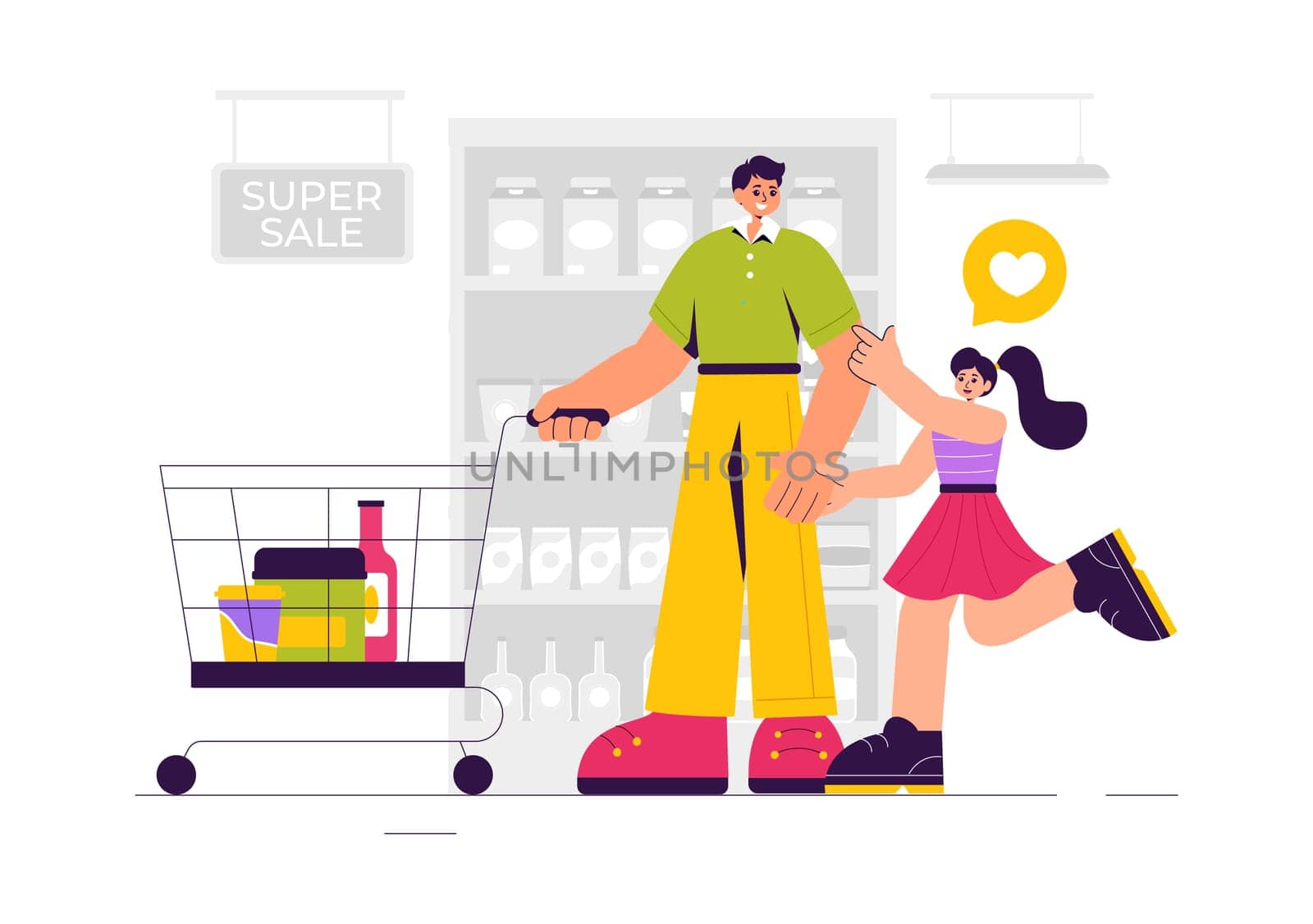 Vector Illustration of a Grocery Store Shelf Stocked with Assorted Food Items and Products for Daily Shopping Needs in a Flat style Background