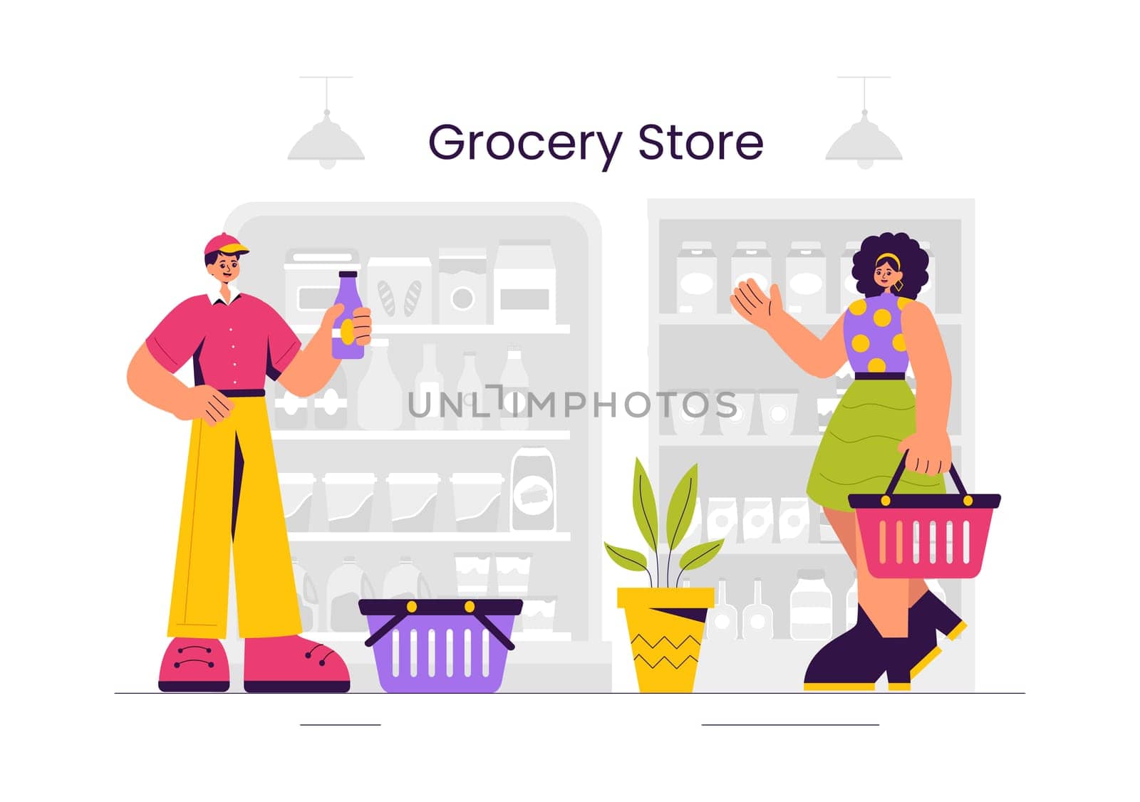 Vector Illustration of a Grocery Store Shelf Stocked with Assorted Food Items and Products for Daily Shopping Needs in a Flat style Background