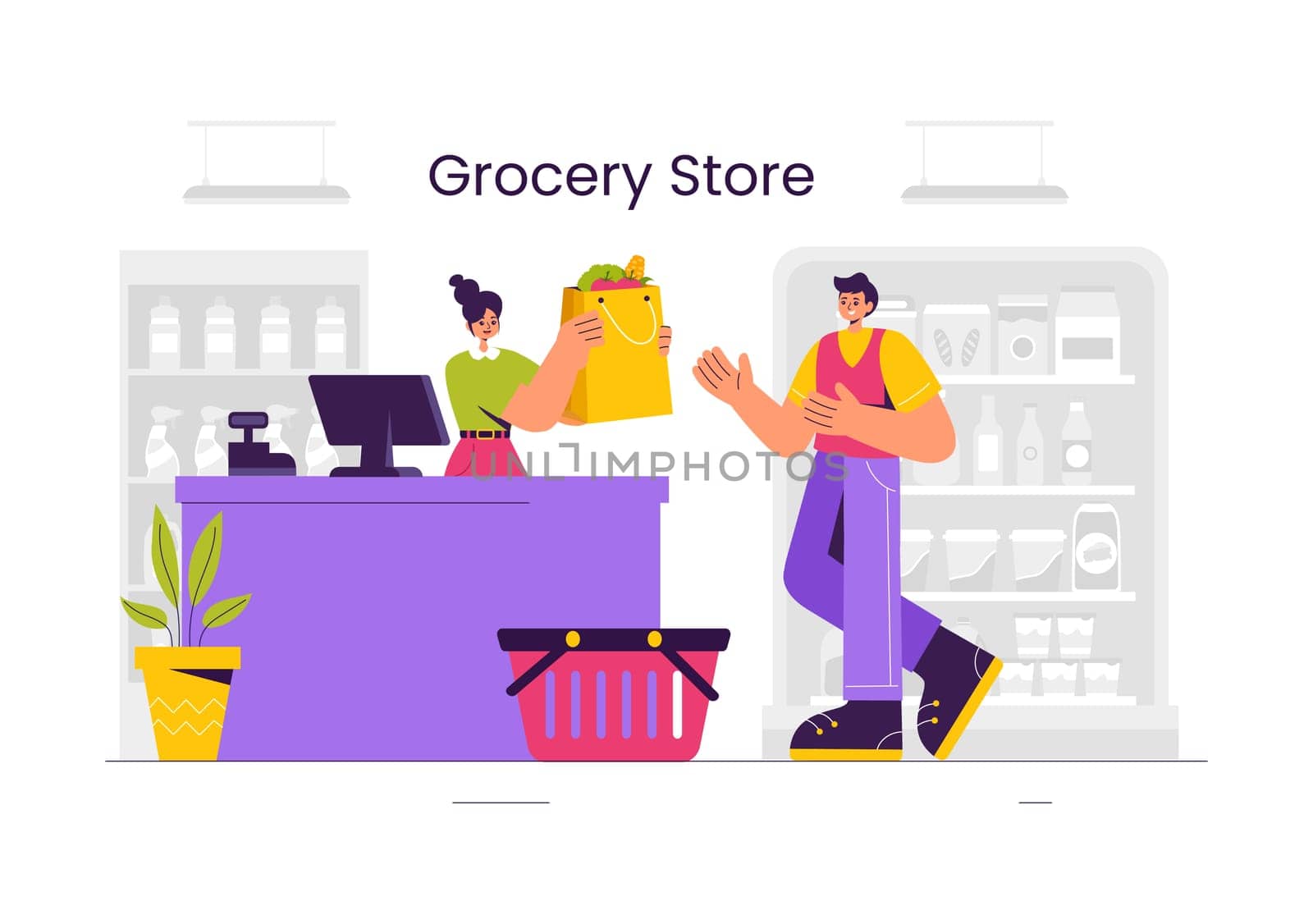 Vector Illustration of a Grocery Store Shelf Stocked with Assorted Food Items and Products for Daily Shopping Needs in a Flat style Background