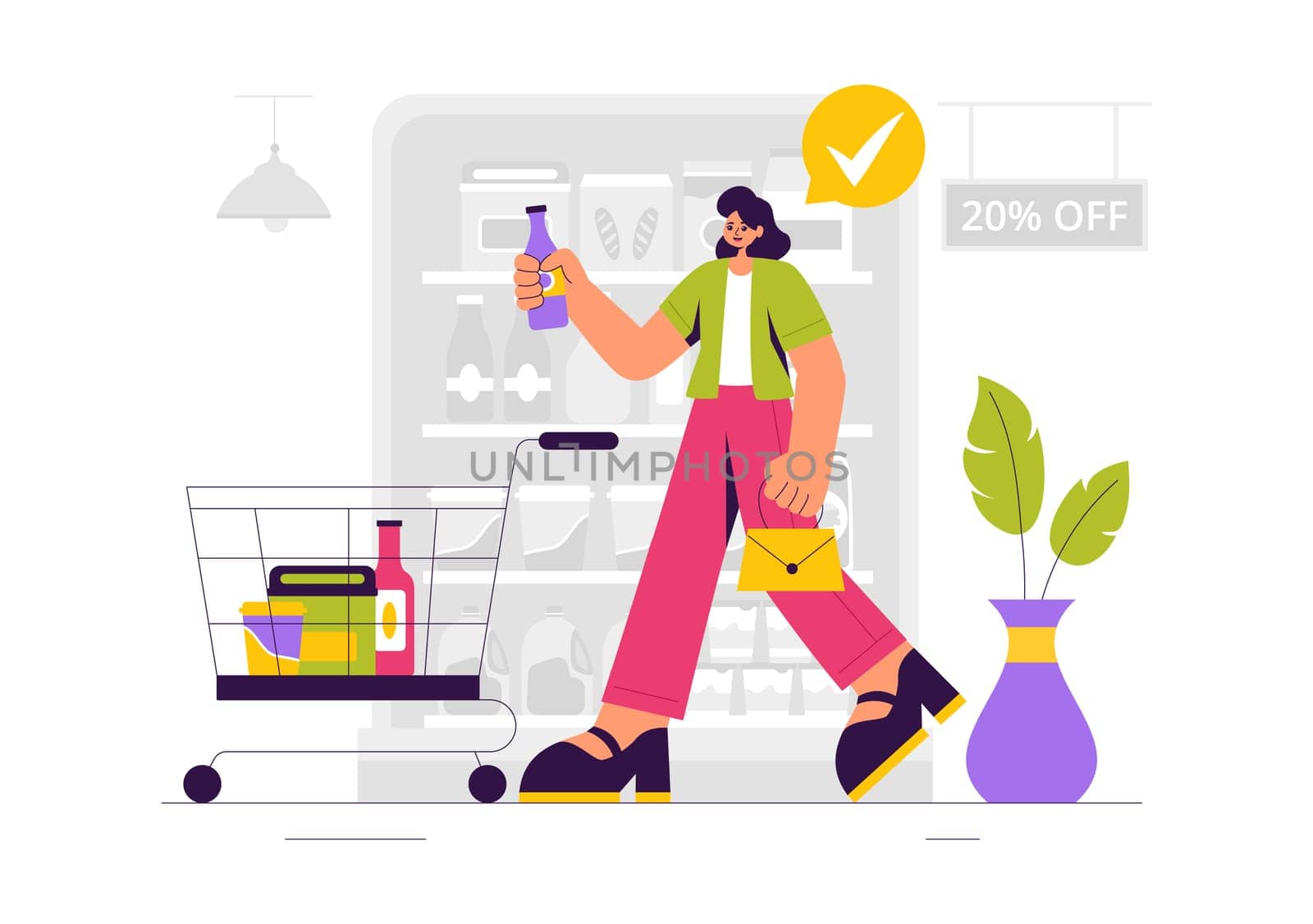 Vector Illustration of a Grocery Store Shelf Stocked with Assorted Food Items and Products for Daily Shopping Needs in a Flat style Background