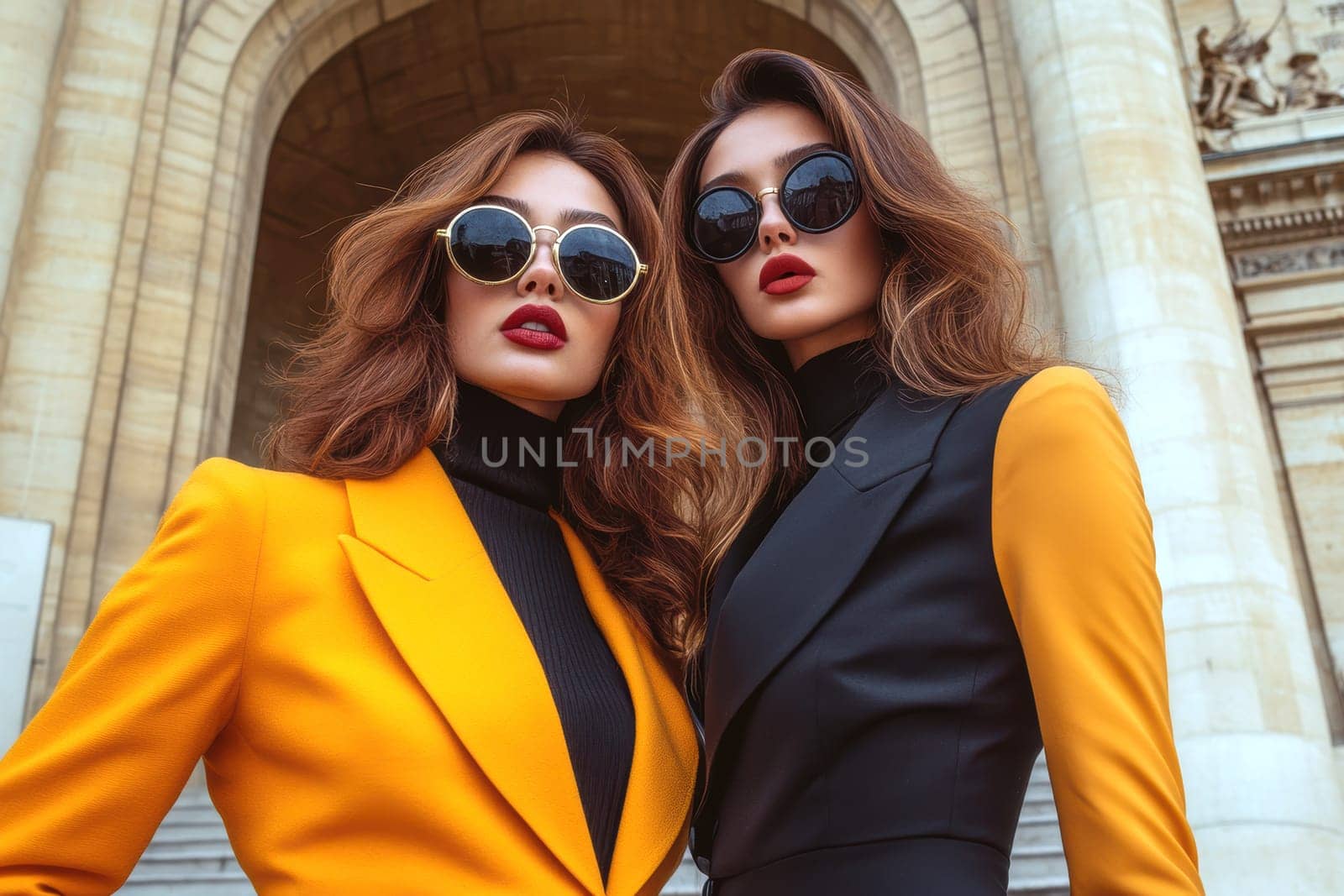 Women photographed on the street, all 70s style. AI generative