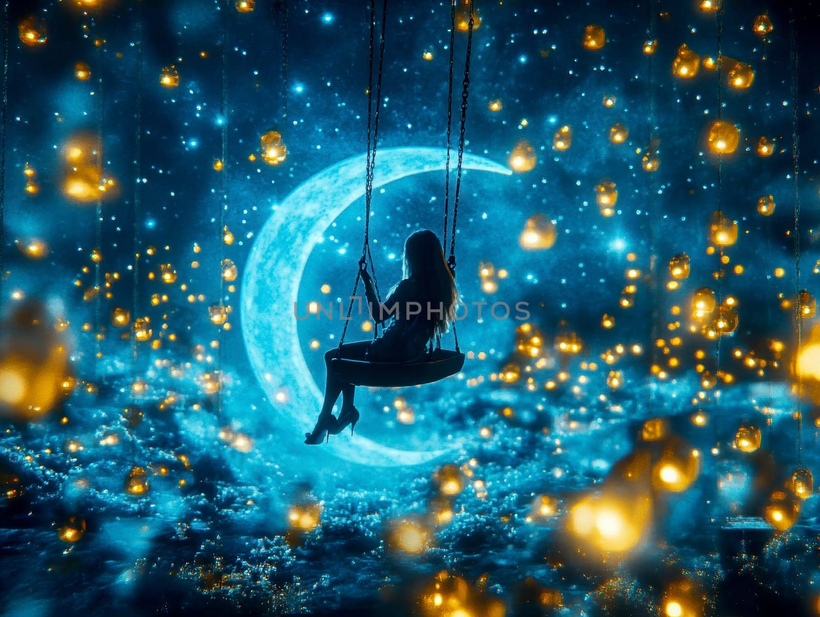 Sitting and hustling on the Crescent Moon girl, in the background the night sky full of stars. AI generative.