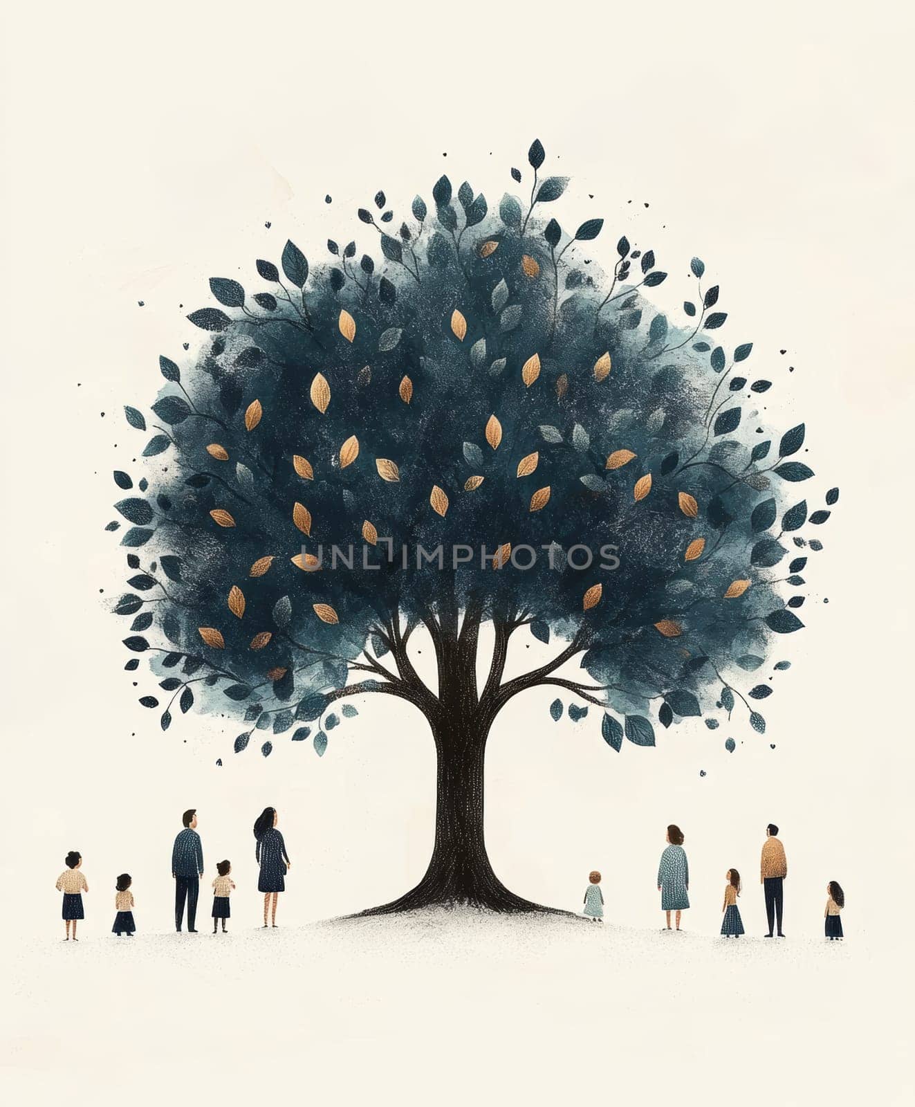 Graphic depicting a tree of life and a family standing under it. AI generative.