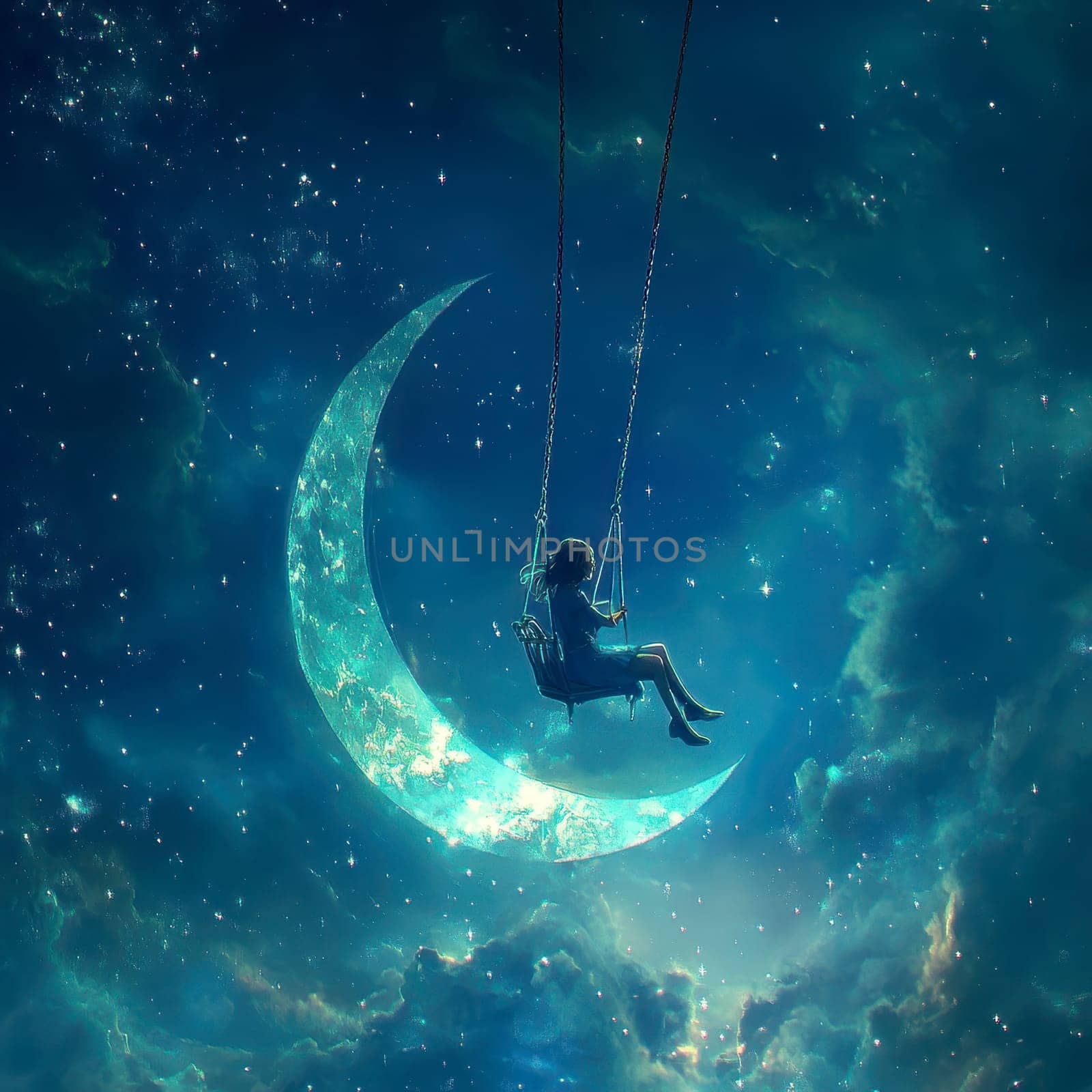 Sitting and hustling on the Crescent Moon girl, in the background the night sky full of stars. AI generative.
