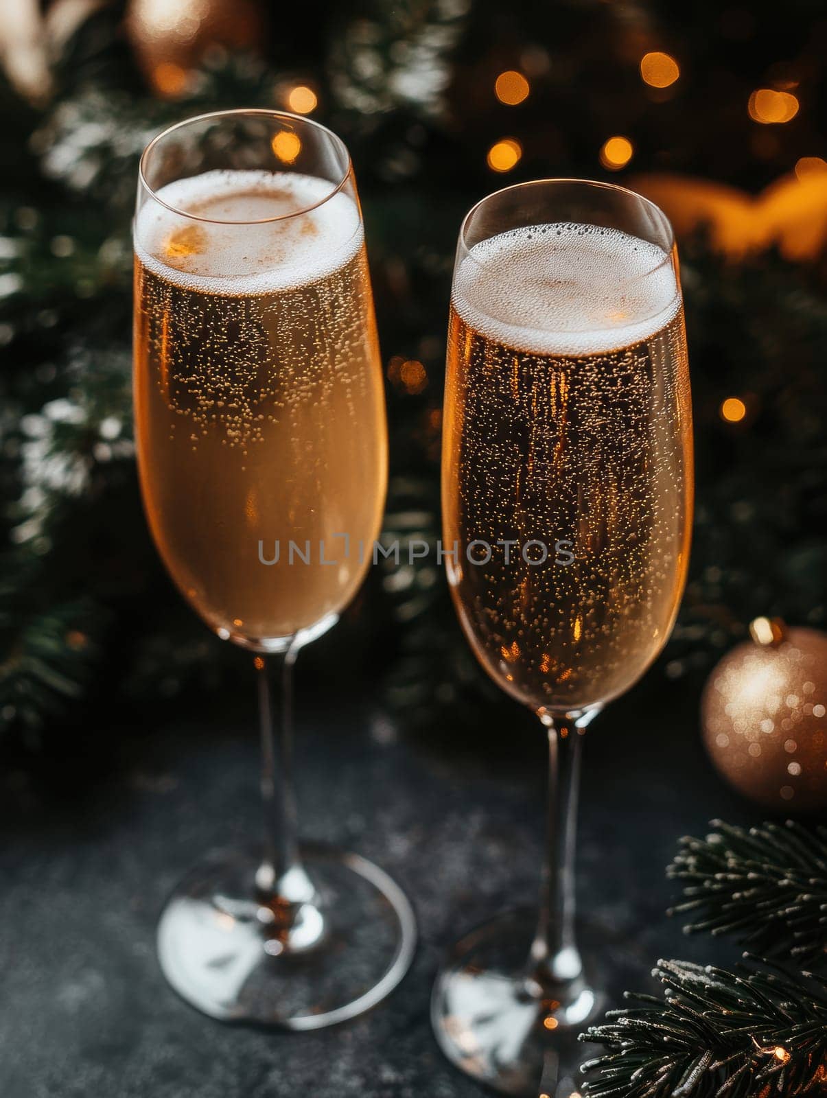 beautiful card with fir tree branches with champagne and garlands for christmas. AI generative.