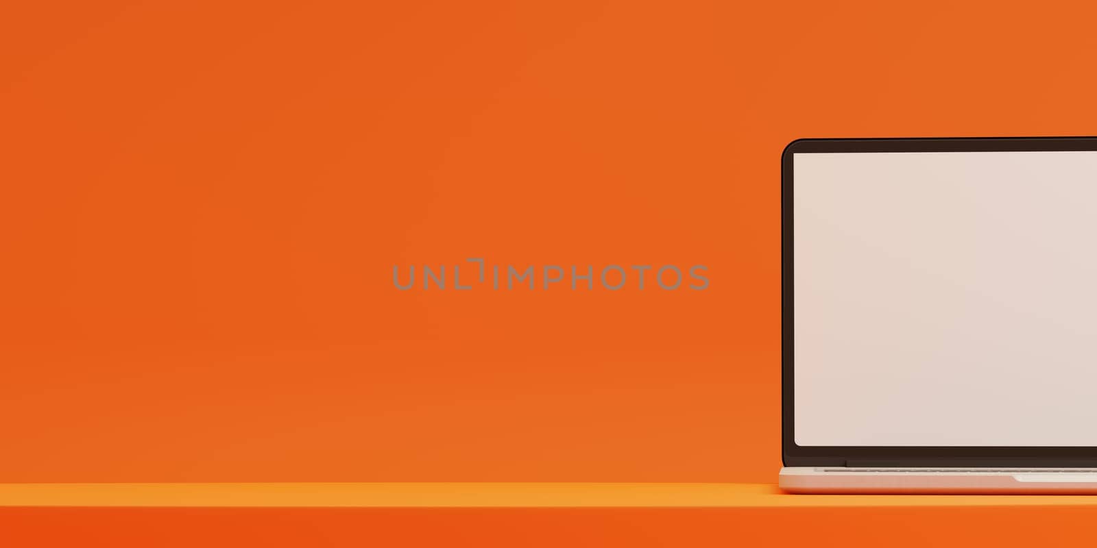 Laptop computer with a blank screen on an orange background with space for your text or product, 3d rendering, mock up concept