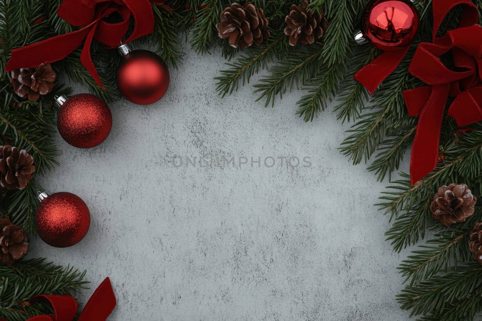 A vibrant arrangement features red ornaments pine cones and green branches creating a cheerful and inviting holiday atmosphere.