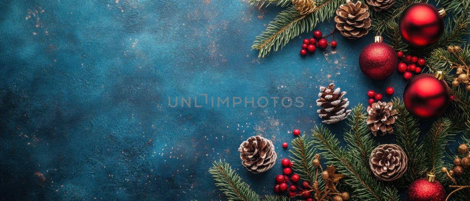 Bright red ornaments and pine cones adorn a textured blue background creating a cheerful holiday atmosphere perfect for celebrations.