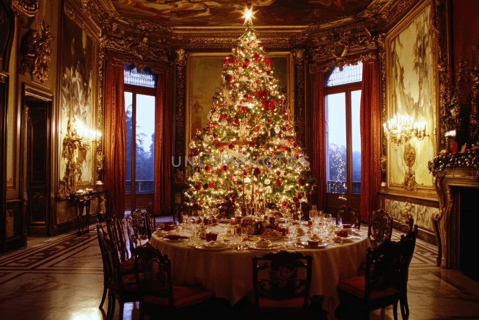 A beautifully decorated Christmas tree stands in an ornate dining room surrounded by an exquisite table setting inviting holiday festivities.