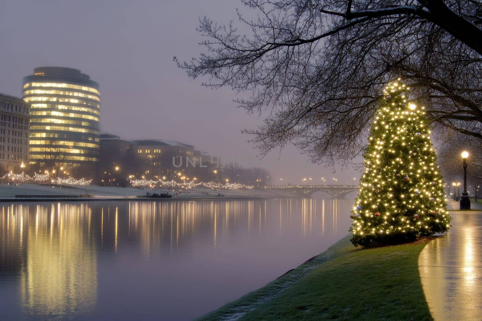 A festive Christmas tree adorned with lights stands beside a river reflecting the glow of nearby buildings on a foggy evening.