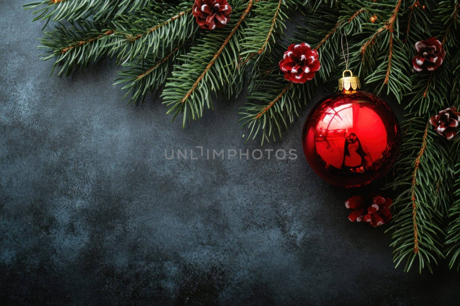 Pine branches adorned with a bright red ornament and pinecones create a festive atmosphere for the holiday season.