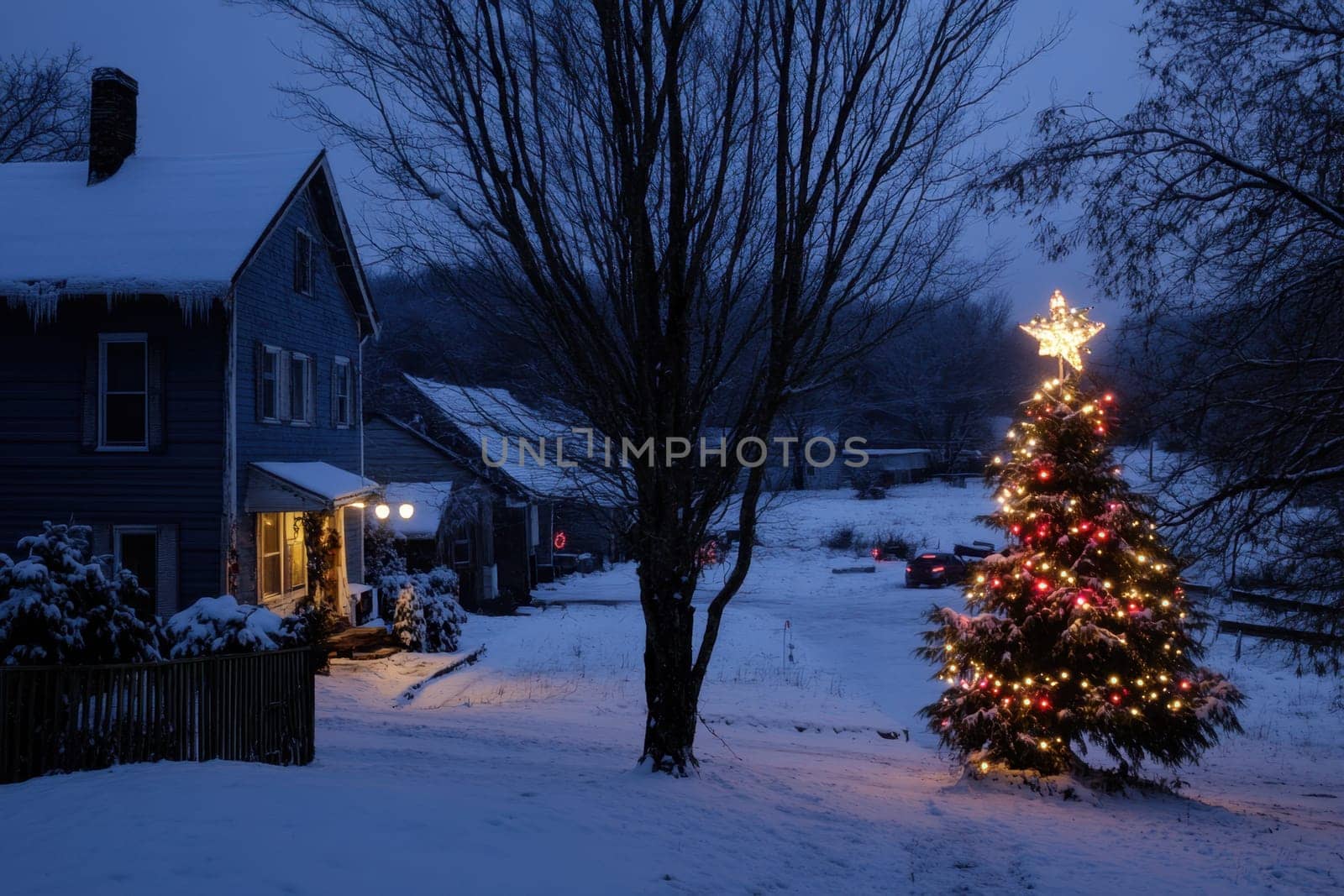 A cozy house is adorned with warm lights while a festive Christmas tree shines brightly in the snowy landscape at dusk.