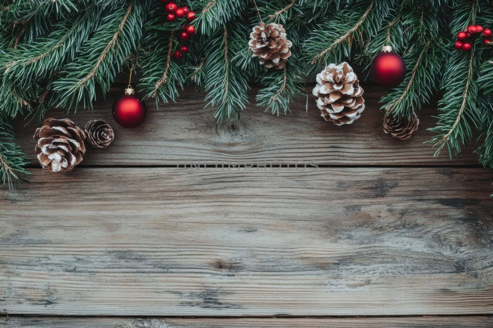 Pine branches adorned with red ornaments and pinecones create a cozy atmosphere perfect for holiday celebrations.