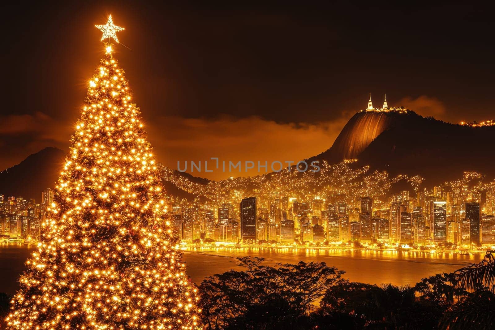 A large illuminated Christmas tree stands in the foreground with a sprawling city skyline and mountains glowing in the night behind it.