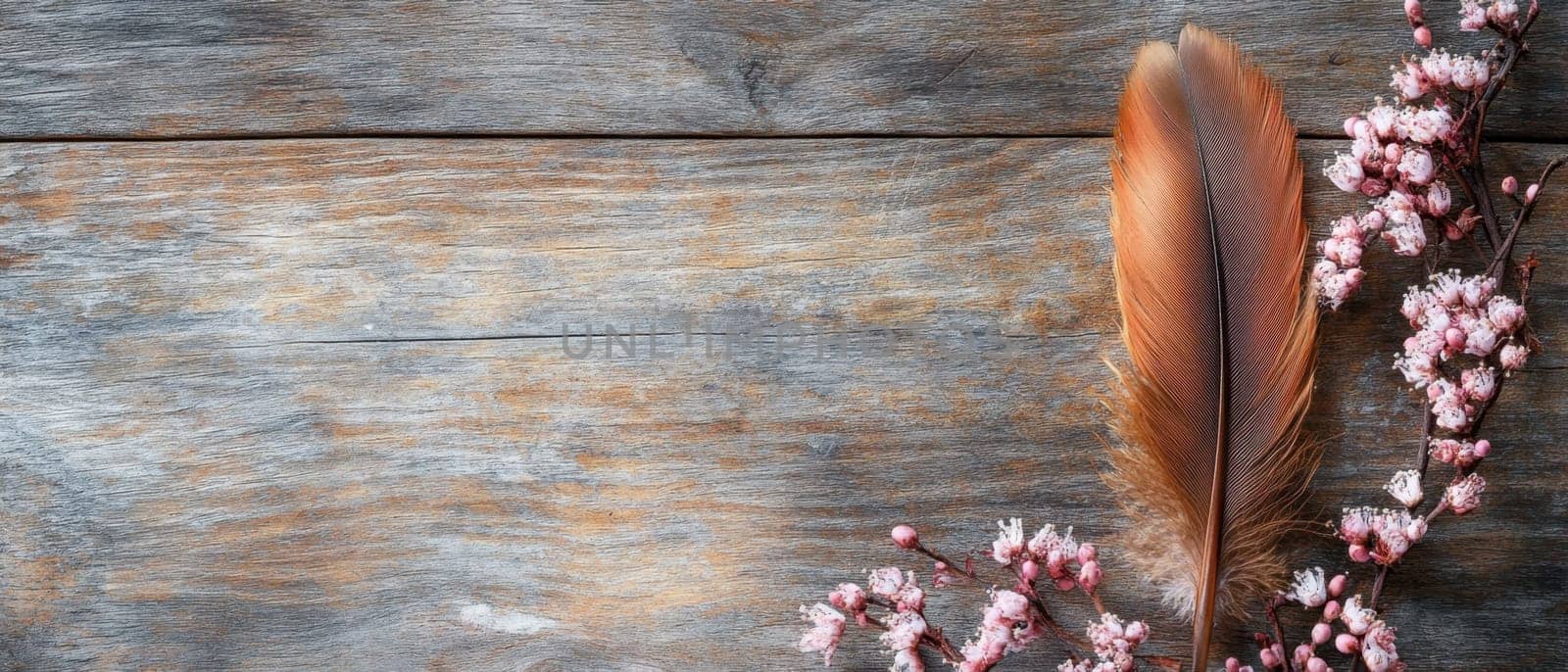 A delicate feather rests alongside pink blossoms on a rustic wooden surface creating a serene and natural composition suitable for various themes.