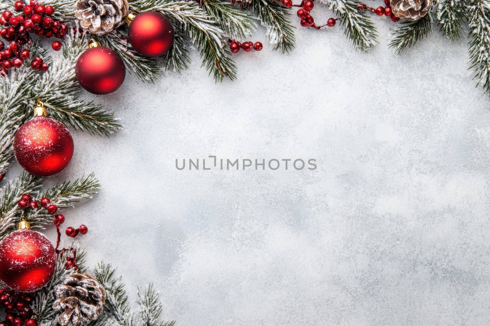 Decorative red ornaments and pine branches create a cozy winter atmosphere highlighting the seasonal spirit with natural elements.