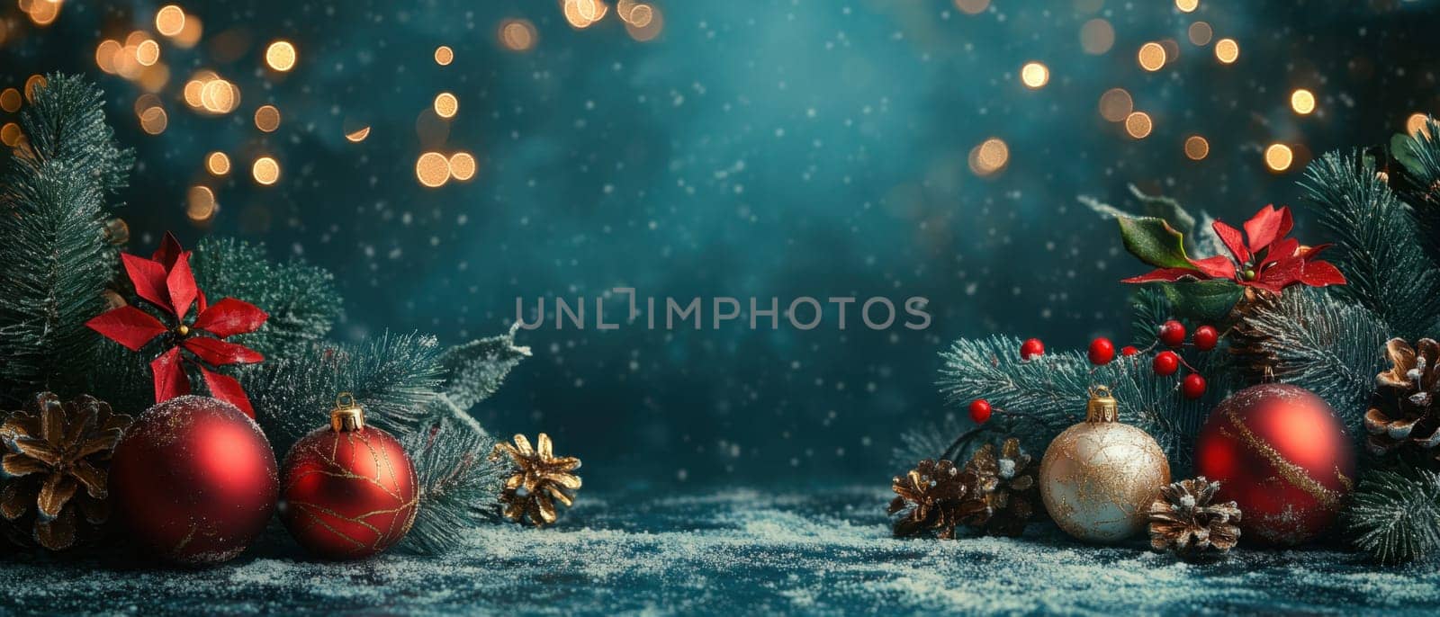 Christmas ornaments and greenery create a warm festive atmosphere with twinkling lights and a snowy backdrop perfect for the holiday season.