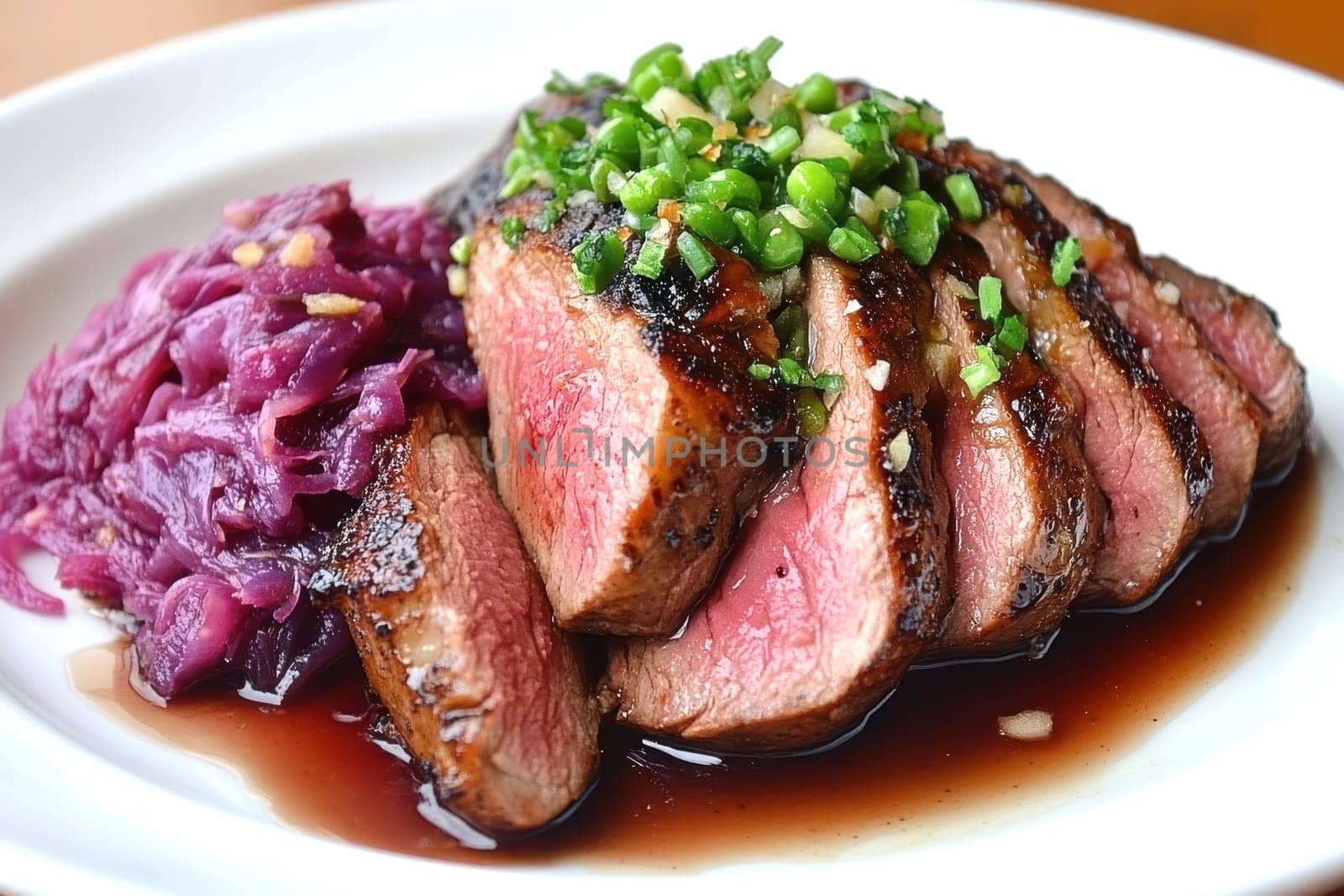 Duck fillet,red cabbage and apple mousse. AI generative.