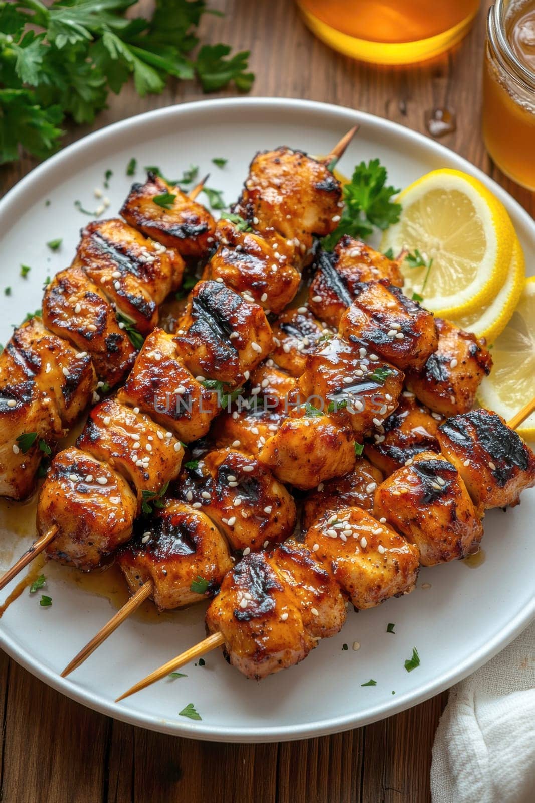 juicy honey chicken skewers . AI generative.