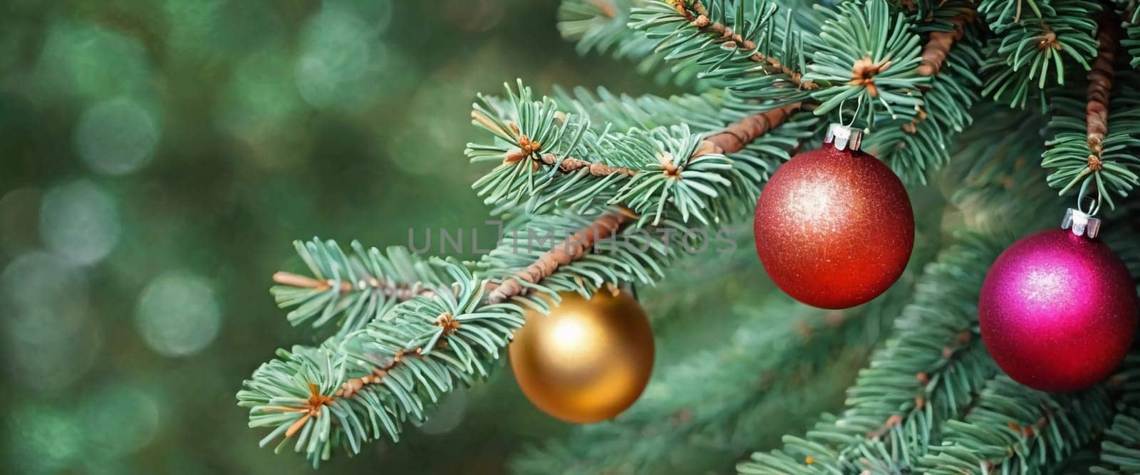 Colorful Christmas decorations adorn the branches of a spruce tree, vibrant balls in shades of red, gold, and pink, embodying holiday cheer in winter. Happy New Year art background. Generative AI.